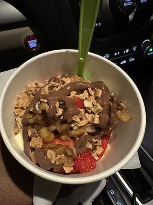 Cake batter, strawberries, wet walnuts, Nutella and granola