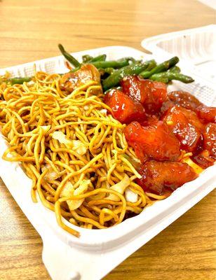 Chow mein, sweet & sour pork, chicken with string beans.