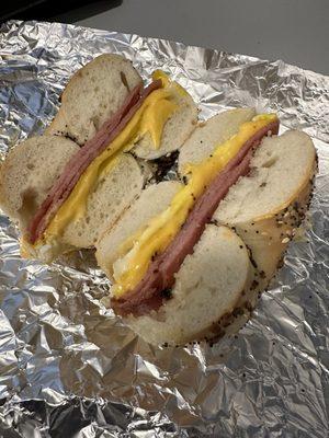 Pork roll, egg, & cheese on everything bagel.