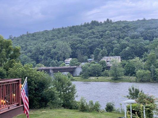 View from the Inn at Lackawaxen with the Roebling Bridge (former aqueduct) and Delaware River in the background