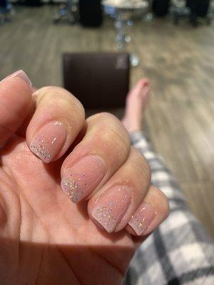 Natural pink powder with glitter powder overlay, and topcoat.