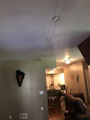 Low voltage cable lighting installation for dark area in basement.