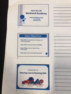 Hear for Life  first page of Agenda and notes from Hear for Life. Weekend Academy packet. Excellent class