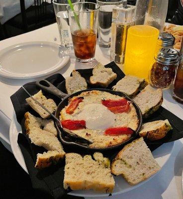 Ricotta Skillet-Baked Ricotta and Buratta Mozzarella Ball, Pick with Focaccia and Roasted Tomatoes