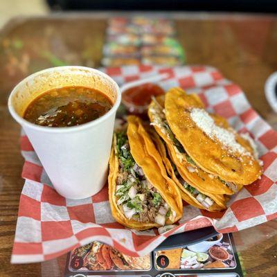 Mixta. One of each Mulita, Quesabirria, and Taco de birria.