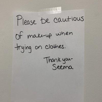 Advice for the female customers on a sign in the dressing room