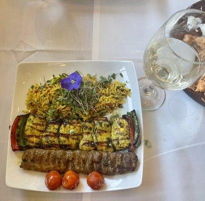 Chicken kabob plate with saffron rice