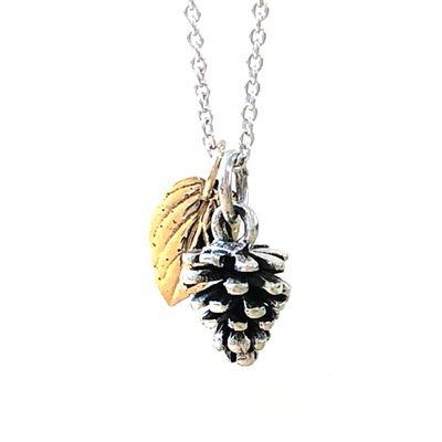 Sterling silver pine cone and bronze leaf necklace