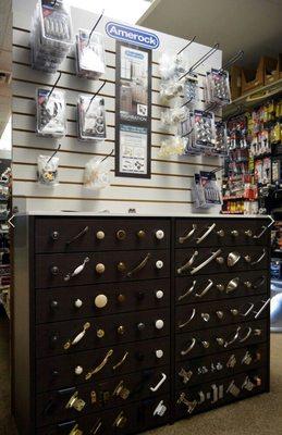 Full selection of Amerock hinges and cabinet pulls and knobs