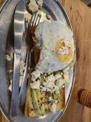 Everything Avocado toast with a farm egg and sheep's milk feta!