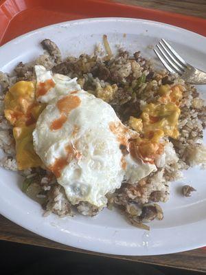 What's left of my 2 egg, ShoNuff patty with rice and veggies.