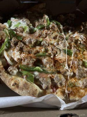 Sausage Ricotta Pizza extra sausage onion and green peppers