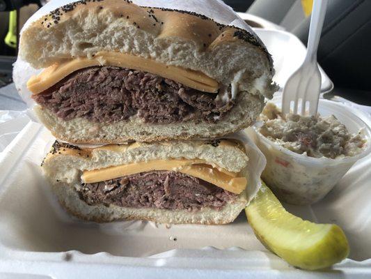 Roast beef and American cheese and a nice Potato salad and pickle delicious