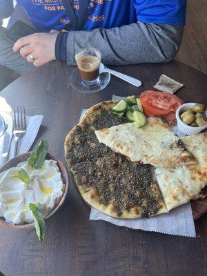 Macchiato and mankoushe half zaatar and cheese