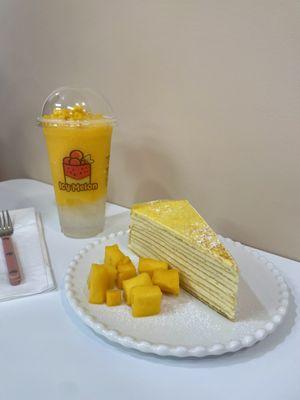 mango smoothie and mango crepe cake