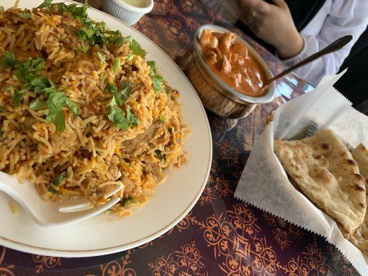 (left to right) Chicken biryani, chicken tikka masala, naan