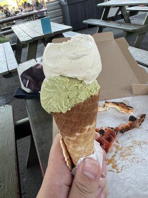 madagascar vanilla + matcha ice cream double scoop + my leftover pizza crust