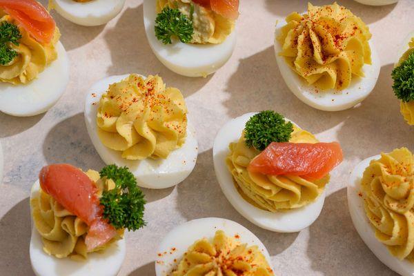 Classic and Salmon Deviled Eggs! (We have bacon deviled eggs too!)