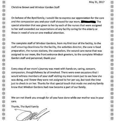 Family of resident Thank You letter.