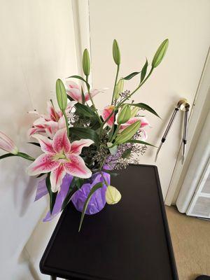 A beautiful bouquet of pink and white lilies that Marcy and her team put together for my blind fiancé