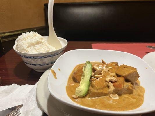 Masaman Curry with Tofu - thickest Masaman I have ever had (with avocado) & rice.