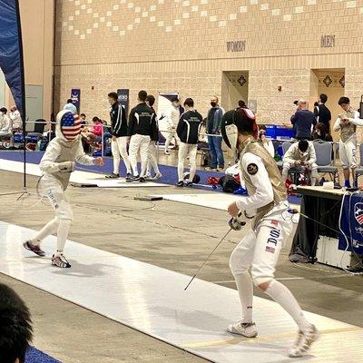 Lucas Z, Ethan L, and Jeremy T fenced together as our first club team ever in Junior Team MF