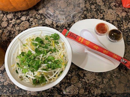 Pho Ga with fixins and cutlery, no broth.