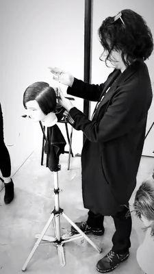 I am always taking advanced education to stay inspired and keep current with modern hair fashion. This is me at a three day cutting course.