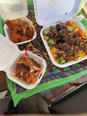 Jerk Wings Yellow Vegetable Rice Steamed Mixed Vegetables Shrimp Stewed Oxtails Fried Fish