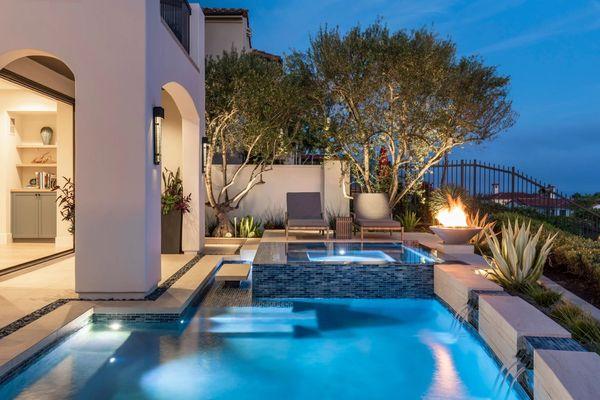 Pool and spa, landscaping Hardscape, fireball fire pit