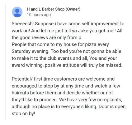 Barber's Google Response to my review