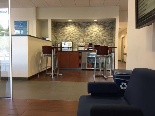 Coffee, sodas, water, and assorted snacks in the lobby.