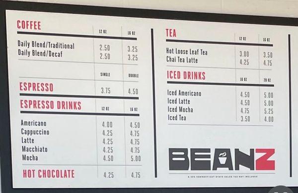 Coffee bar menu