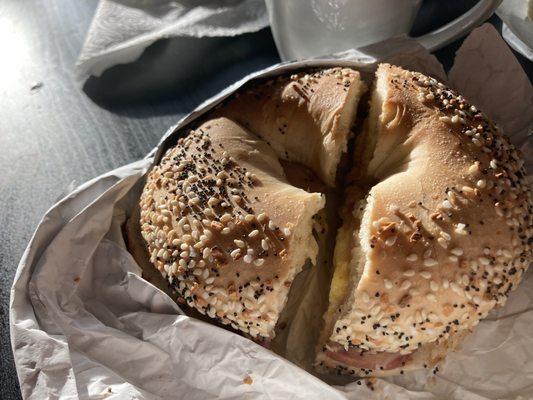 Eggwich with Turkey bacon and pepper jack on everything bagel