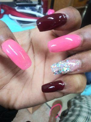 Burgundy and pink nails......