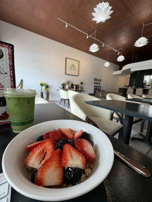 Matcha Latte and Yogurt and Fruit Bowl with Granola