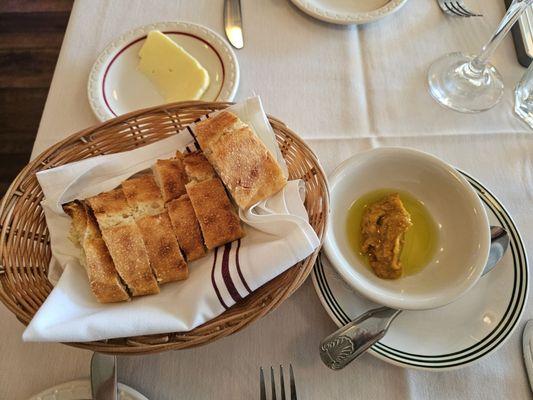 Fava bean hummus, butter, and bread