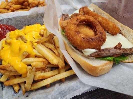 Jimbo sandwich and cheese fries