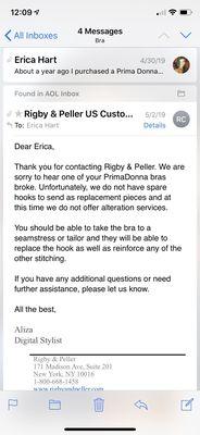 Email reply from Rigby and Peller customer service