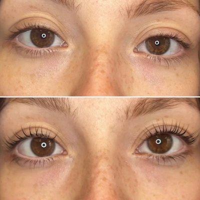 Before photo: the lashes are straight and subtle. After photo: the lashes are lifted, curled, and darkened, creating a more defined look.