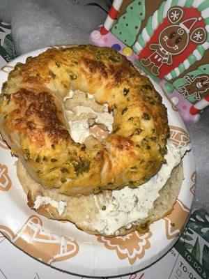 Jalapeño and Cheese bagel with their garlic cream cheese