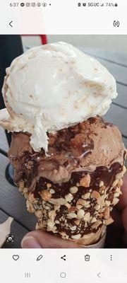 Brooklyn Cheesecake and Fudge Almond dipped cone!"