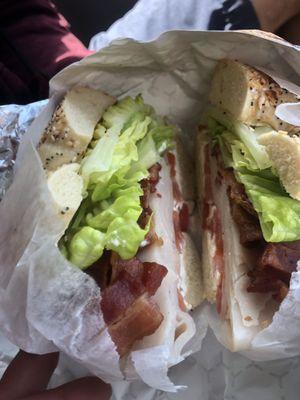 Smoked turkey BLT on the works bagel with jalapeño cream cheese