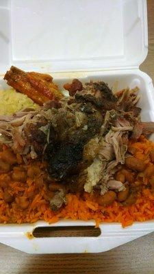 Rice, beans, stewed chicken, mashed plantain, pork $7 something