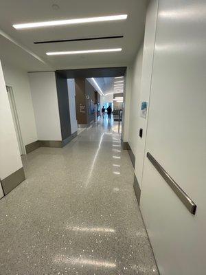 Hall way from labs looking at main entrance and elevator