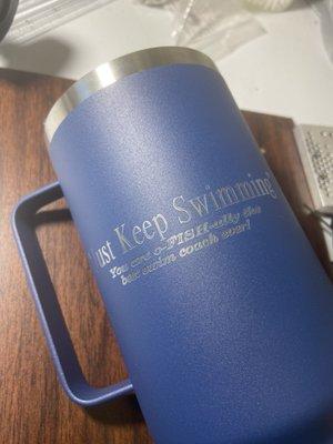 An Insulated mug! Engravedwithelegance,LLC engraved it the same day! Just call them at 678/668-9704 find them on Google