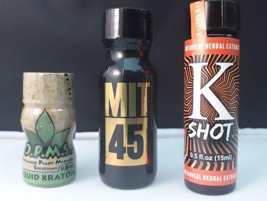 We carry Liquid Kratom as well O.P.M.S, MIT45, & K-Shots give immediate Pain Relief