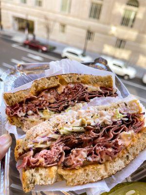 Pastrami and Corn Beef Melt Sandwich