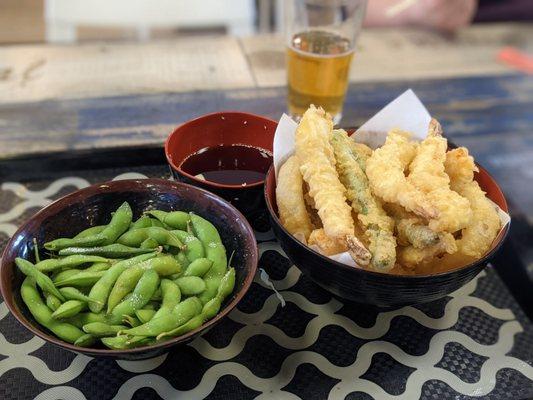 Edimame and mixed shrimp tempura.