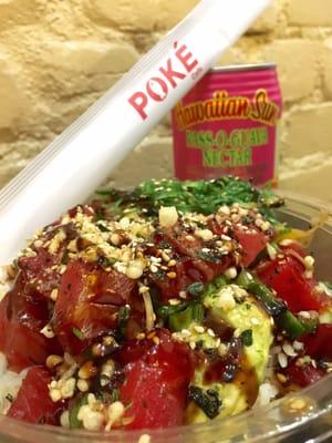 Regular Poke Bowl with mild and Sweet Shoyu Sauces and a ton of toppings for $9.25. Best deal in town.